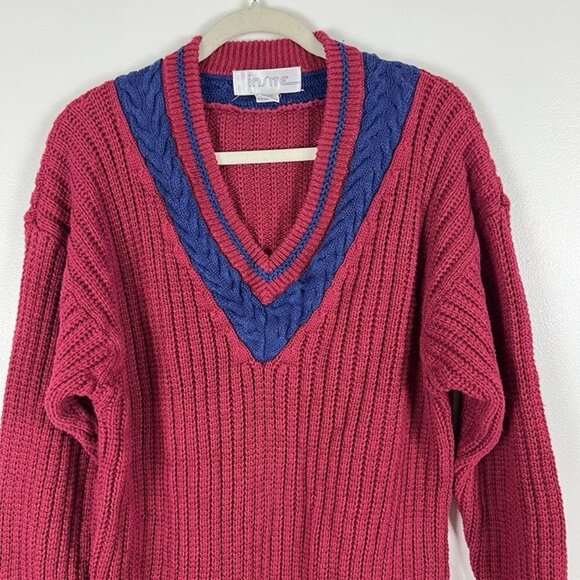 VTG Insite Chunky Knit Sweater Mens L Red Tennis Striped V Neck Preppy Academia - Picture 2 of 7